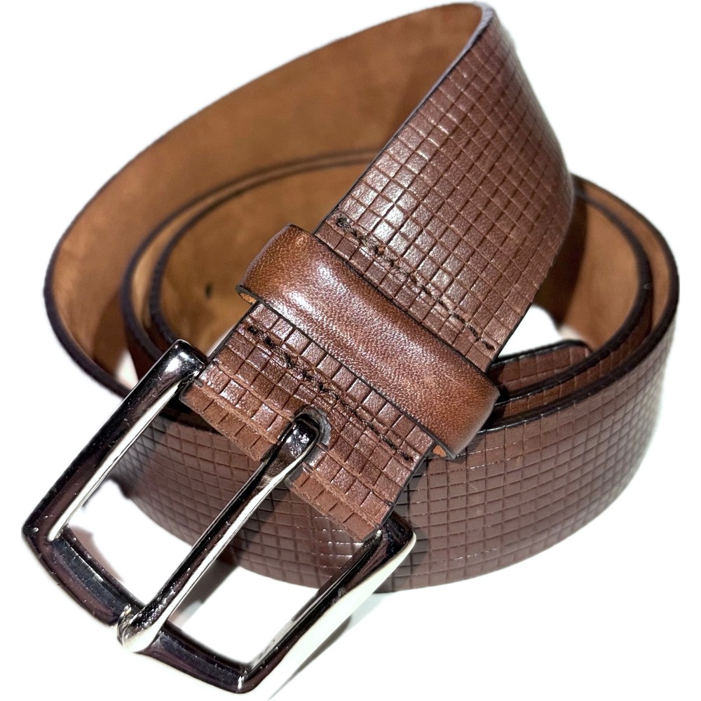 Cole Haan A34759 Grid Textured Brown Leather Silver Buckle Belt Size 34 85